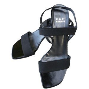 Stuart Weitzman Black Square Toe Heels Sandals Leather Sole Spain 7M